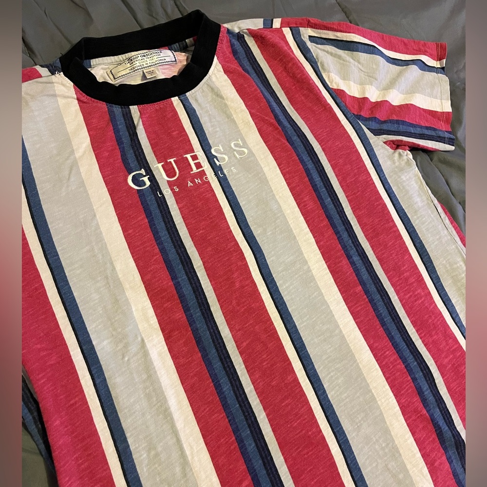 Y2K Guess Los Angeles Striped Shirt Size Large Red Blue Grey